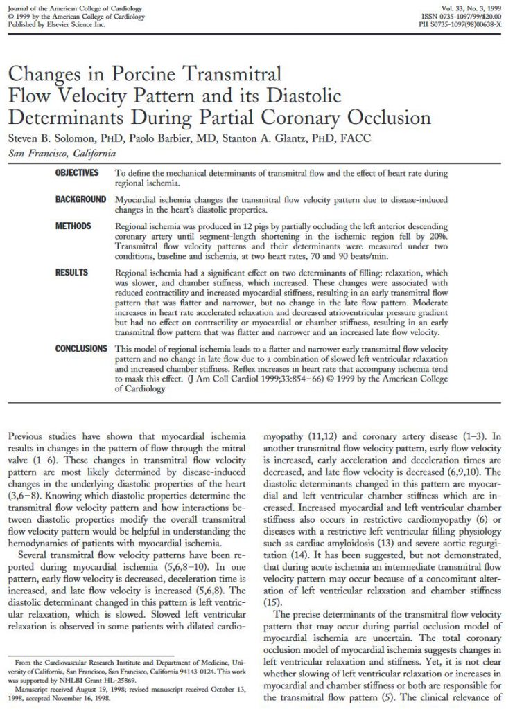1999_Changes in porcine transmitral flow velocity pattern and its diastolic determinants during partial coronary occlusion_J Am Coll Cardiol. 