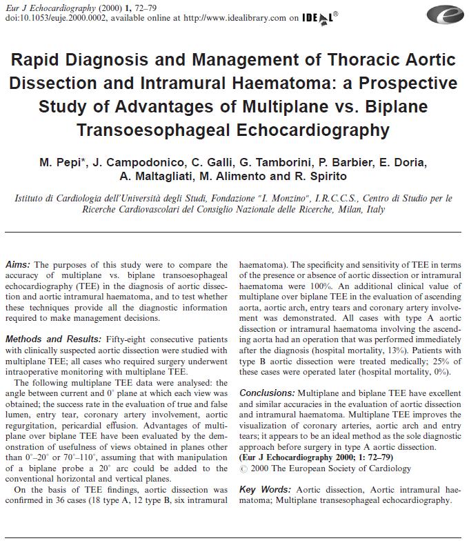 2000_Rapid diagnosis and management of thoracic aortic dissection and intramural haematoma: a prospective study of advantages of multiplane vs. biplane transesophageal echocardiography_Eur J Echocardiography. 